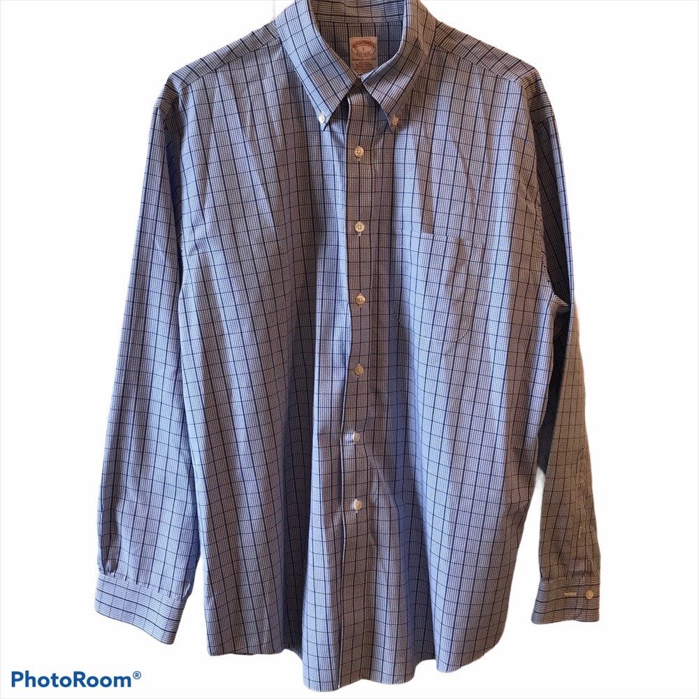Brooks Brothers Polo Shirt Large Blue Multi Check Excellent Non-Iron Cotton